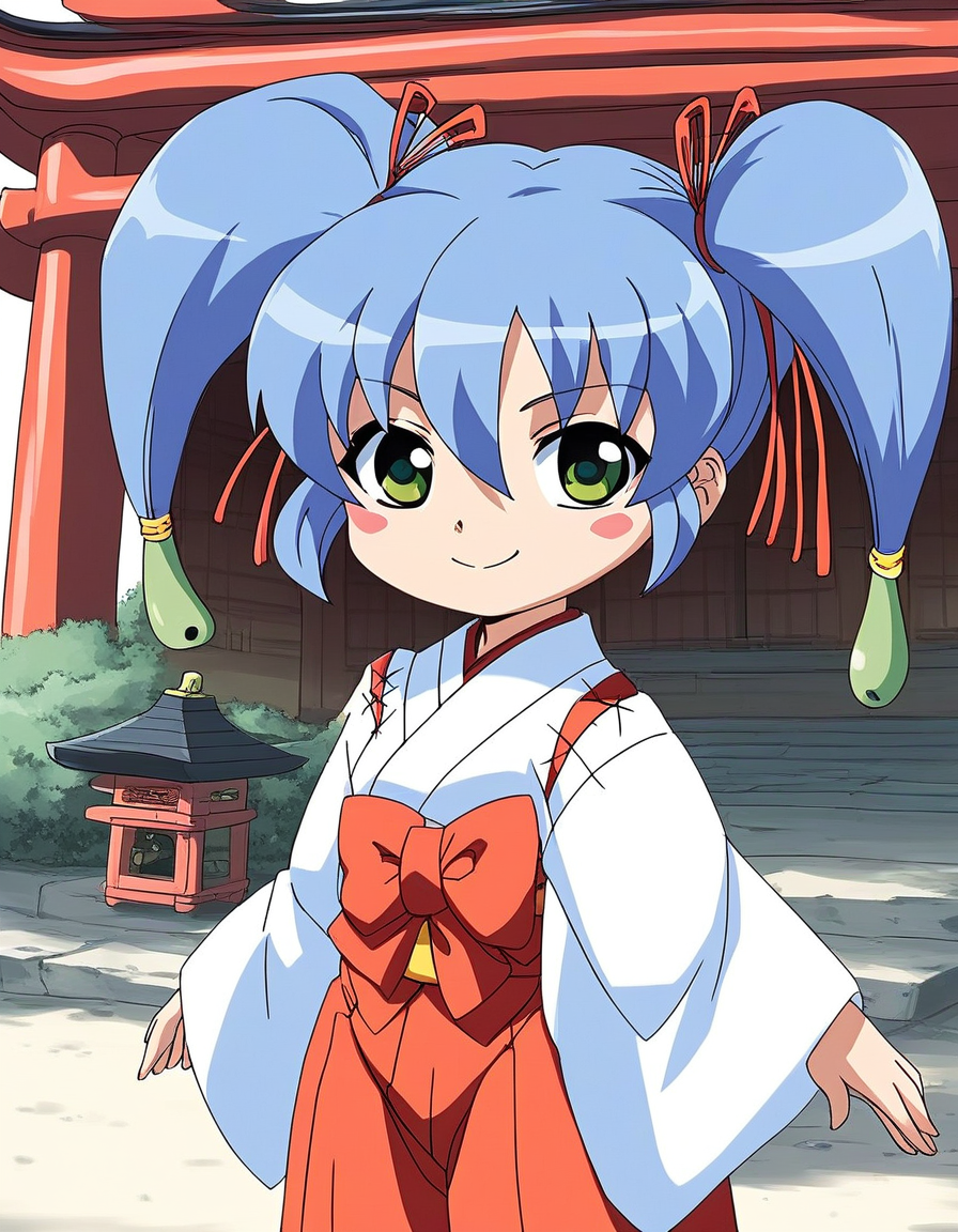 score_9, score_8_up, score_7_up, source_anime, rating_explicit, BREAK  <lora:Nazuna_OnmyouTaisenki_XL:1> Nazuna, blue hair, green eyes, blush stickers, twintails, hair ribbon, flat chest, miko,  short stack,
japanese clothes, red_hakama, hakama_skirt,  bow, long sleeves, Yellow_Beruto, wide sleeves, kimono, 
smile,
looking at viewer, 
cowboy_Shot,
shrine, outdoor,