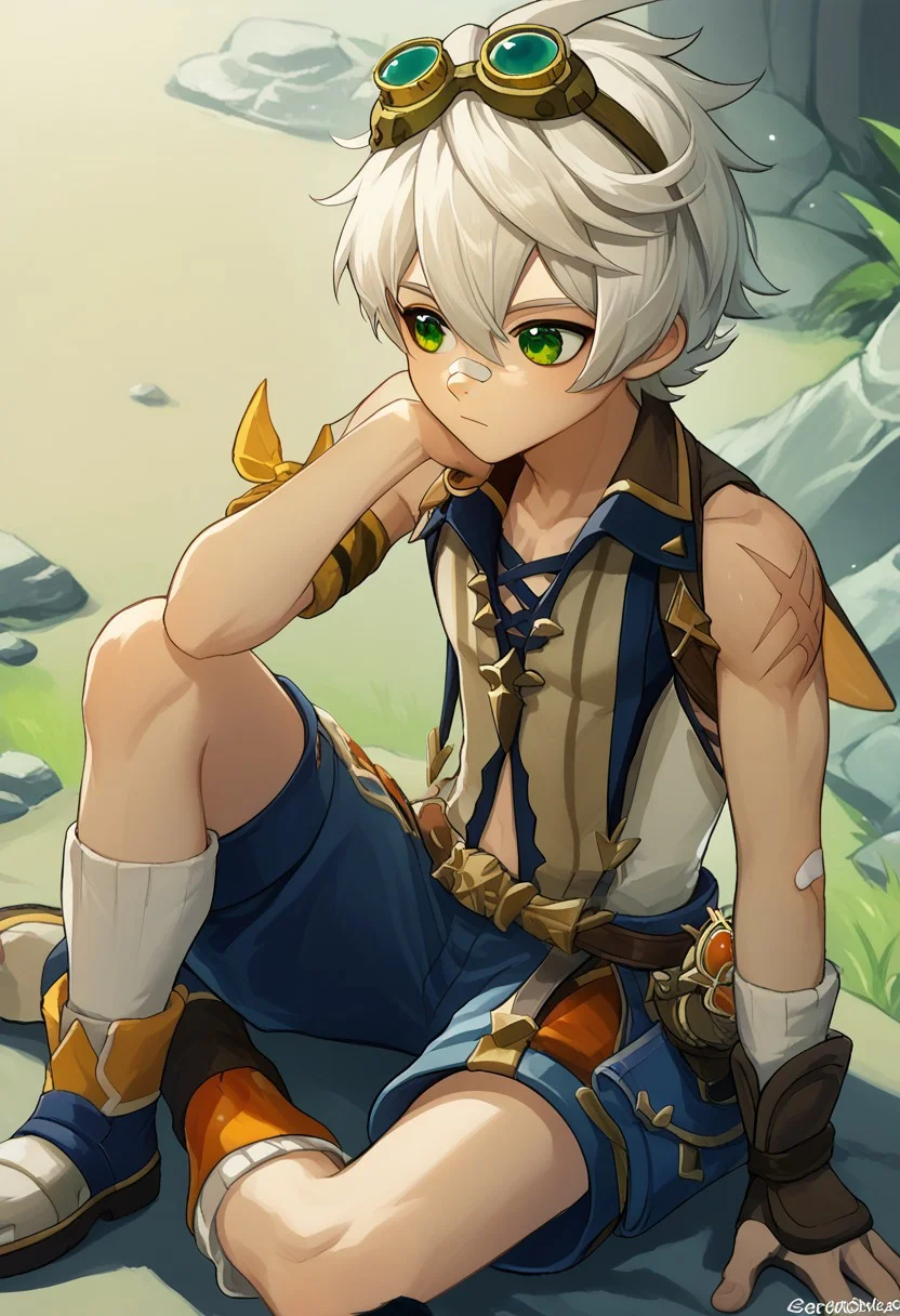 score_9, score_8_up. score_7_up, Expressiveh, source_anime, anime illustration, masterpiece, best quality, vibrant, sasoritagame,
BREAK
1 boy, bennett,green eyes,white hair,hair between eyes,short hair,bangs,googles,goggles on head,bandaid,bandaid on face,bandaid on nose,sleeveless,scar,scar on arm,shorts, skinny, thin male, slim male, anorexic, shortstack male,
valley, resting, sitting, rock