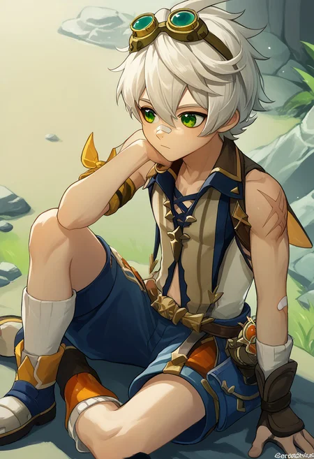 score_9, score_8_up. score_7_up, Expressiveh, source_anime, anime illustration, masterpiece, best quality, vibrant, sasoritagame,
BREAK
1 boy, bennett,green eyes,white hair,hair between eyes,short hair,bangs,googles,goggles on head,bandaid,bandaid on face,bandaid on nose,sleeveless,scar,scar on arm,shorts, skinny, thin male, slim male, anorexic, shortstack male,
valley, resting, sitting, rock