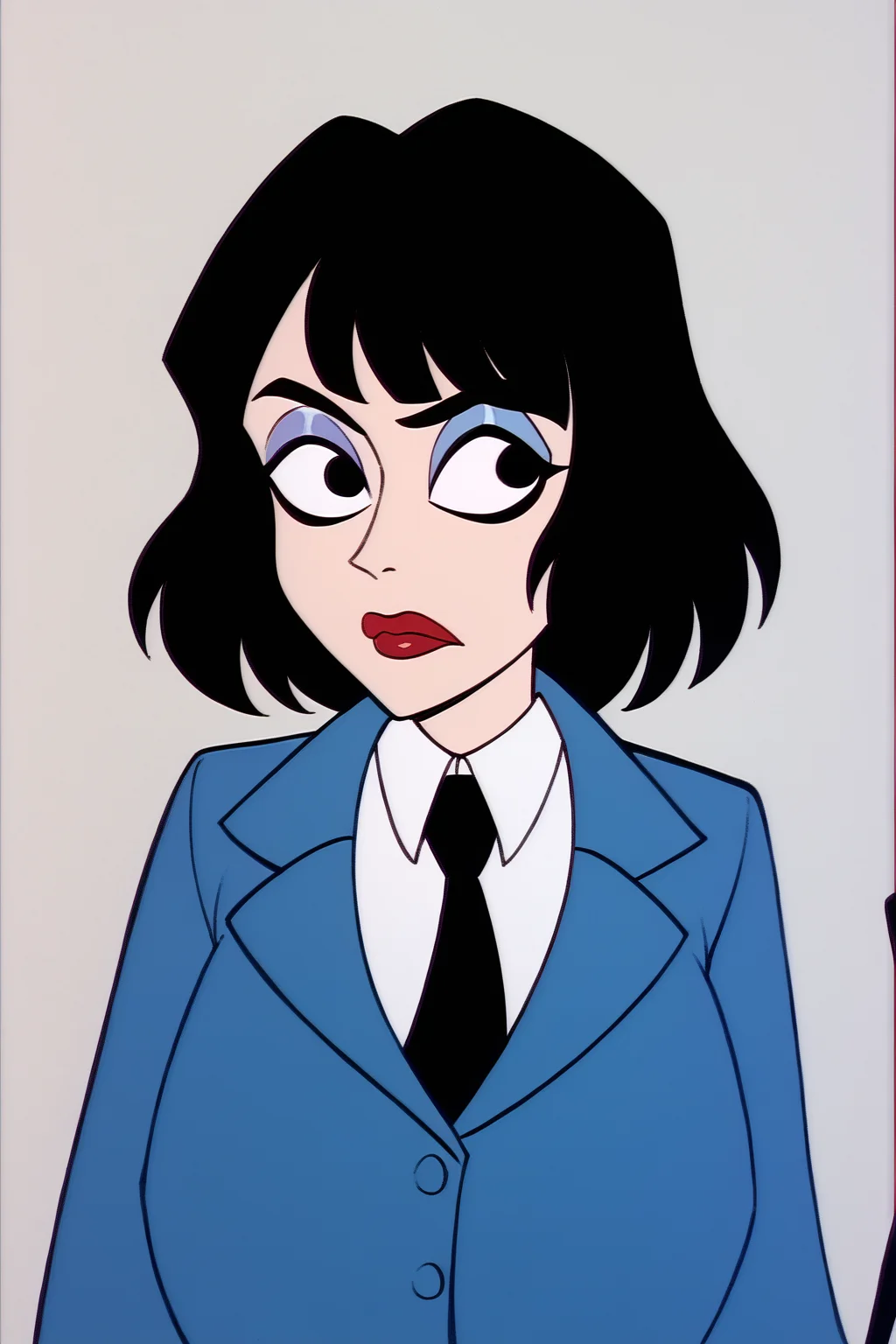 PonyXLV6_Scores , bugjuice style, 1girl, solo, black hair, necktie, black necktie, black eyes, shirt, jacket, white shirt, collared shirt, short hair, upper body, makeup, blue jacket, medium hair, bangs, formal, <lora:BugJuicePDXL:1>