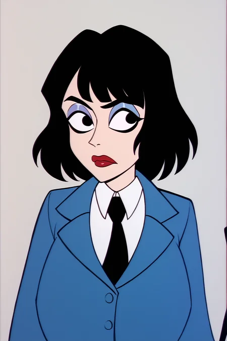 PonyXLV6_Scores , bugjuice style, 1girl, solo, black hair, necktie, black necktie, black eyes, shirt, jacket, white shirt, collared shirt, short hair, upper body, makeup, blue jacket, medium hair, bangs, formal, <lora:BugJuicePDXL:1>