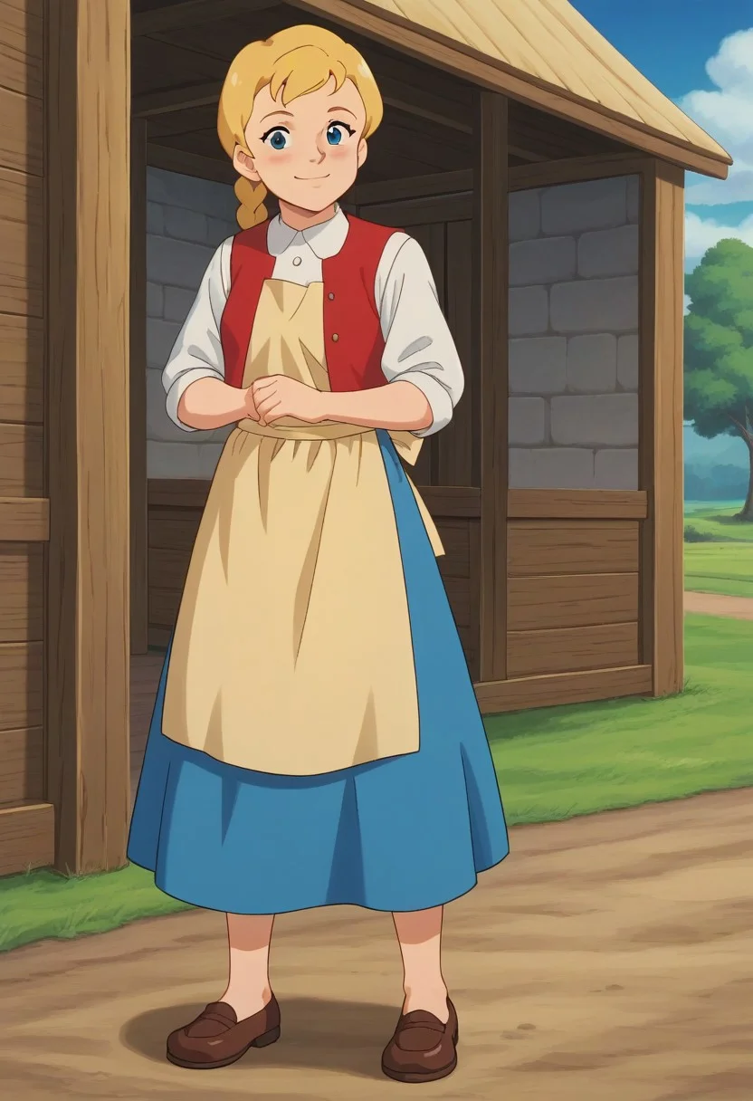 1girl, solo, Katri, blonde hair, braid, blue eyes, dress, shirt, white shirt, skirt, blue skirt, apron, beige apron, red vest, clogs, full body, smile, standing, meadow, front view,