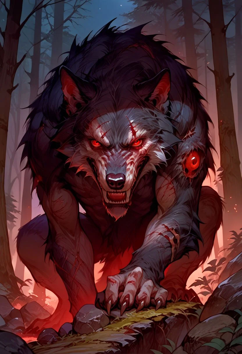 score_9, score_8_up, score_7_up, source_anime, solo, looking at the viewer, ( Giant wolf, wounds, red eyes, teeth, black fur, tail), scary, simple background, (detailed image, high resolution, 5k resolution:1.0),  (forest, rocks, plants, night, dark)