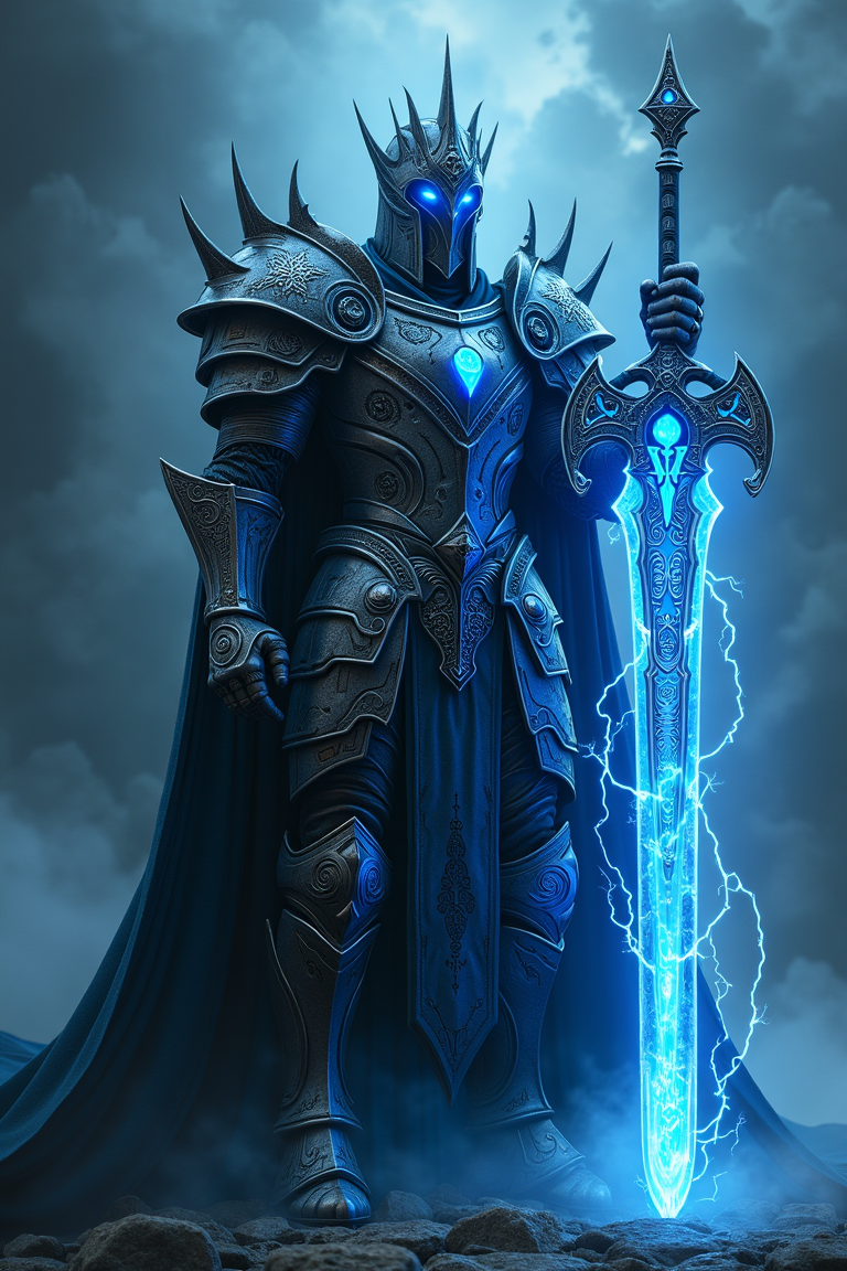 A powerful, menacing knight clad in dark, spiked armor stands confidently, surrounded by an ethereal blue glow. His helmet obscures his face, leaving only glowing blue eyes visible. He holds a massive, radiant sword that emits an intense blue light, matching the electrical energy crackling around him. The scene is set in a mysterious, misty environment, with dark clouds swirling ominously in the background, giving the image a dramatic and otherworldly atmosphere. Ultra-realistic, hyper-detailed, fantasy, cinematic lighting, perfect composition, high contrast.

A masterpiece of craftsmanship, this armor is forged from gleaming, otherworldly metals that shimmer in a spectrum of colors under the light. The plates are intricately engraved with ancient, mystic runes that pulse with a faint, ethereal glow, hinting at the powerful enchantments woven into its very essence. The armor's design is both elegant and formidable, with interlocking plates that provide maximum protection without sacrificing mobility. Ornate filigree and symbols of long-lost civilizations are embedded into the pauldrons, chest plate, and gauntlets, showcasing the artisan's dedication to detail.

Diablo style.