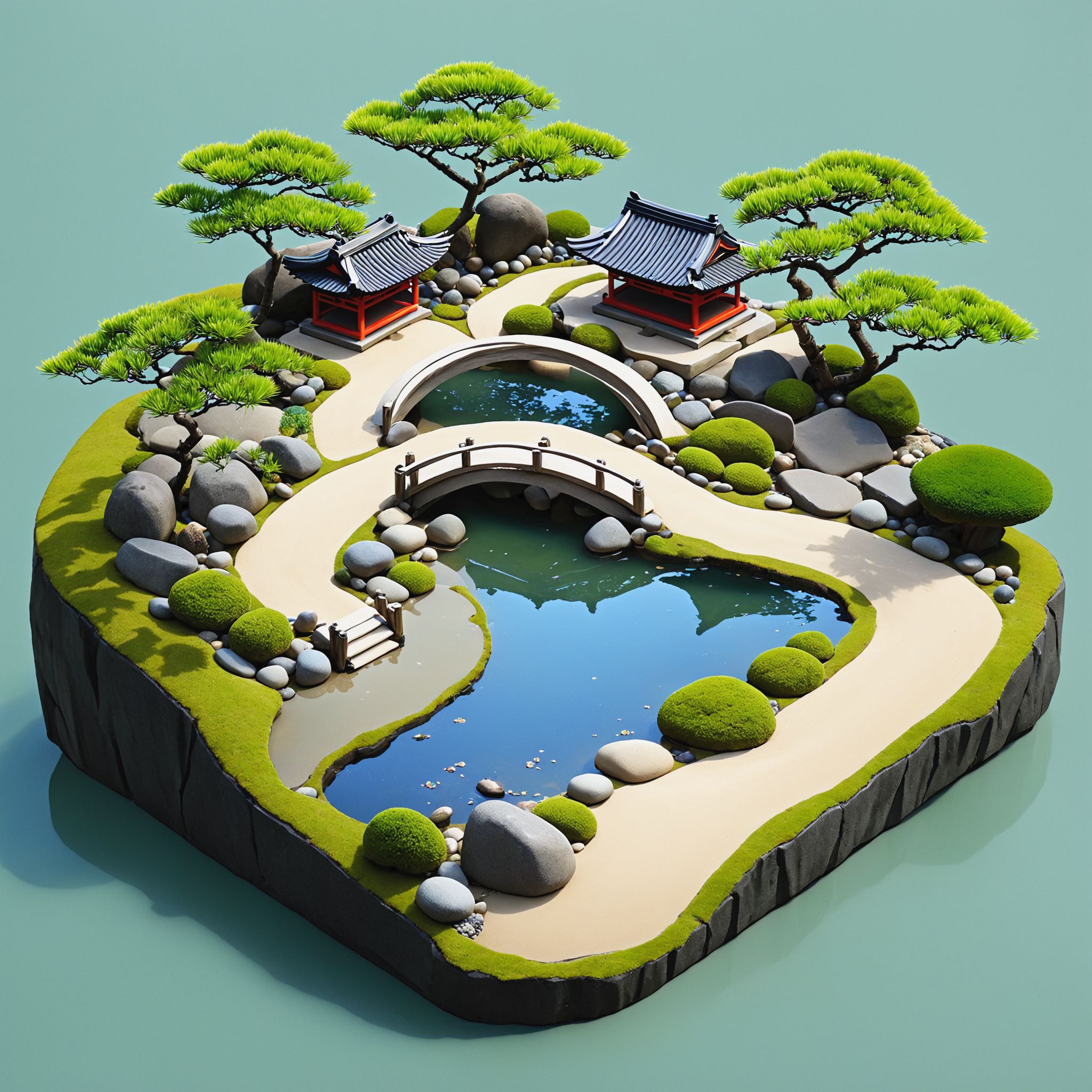 iszsks <lora:Isometric_Cutaway:1>, japanese garden, zen,  Raked Gravel or Sand, Stone Pathways, Bonsai Trees, Pond, Water Features, Rock Arrangements, Ishi, Lanterns Tōrō,  bamboo, no humans, isometric view, cutaway, diorama, miniature scene, isometric cutaway, masterpiece, best quality,
