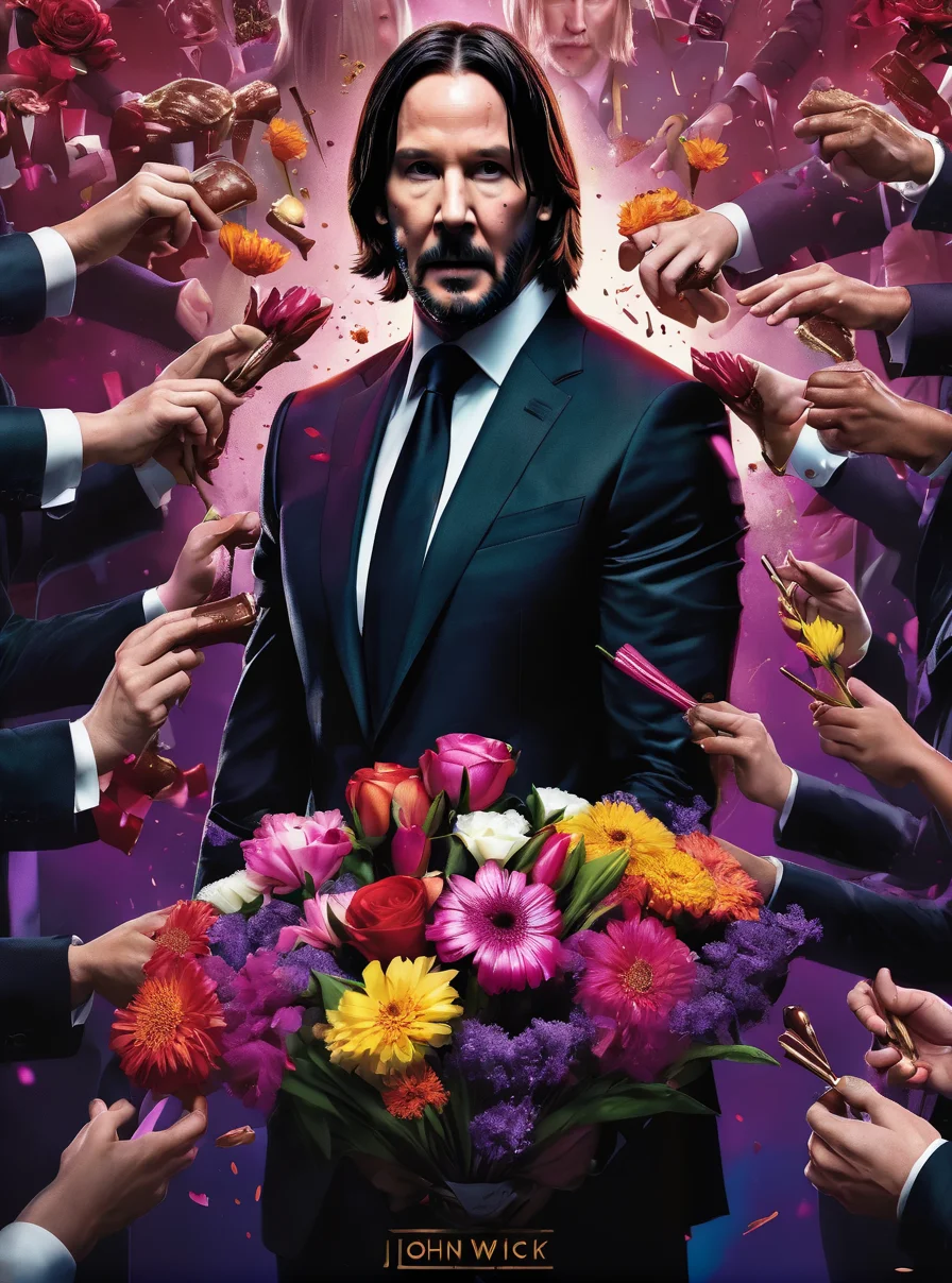 john wick 2 poster, surrounded by hands holding flowers and chocolate from all angle in dark cinematic background