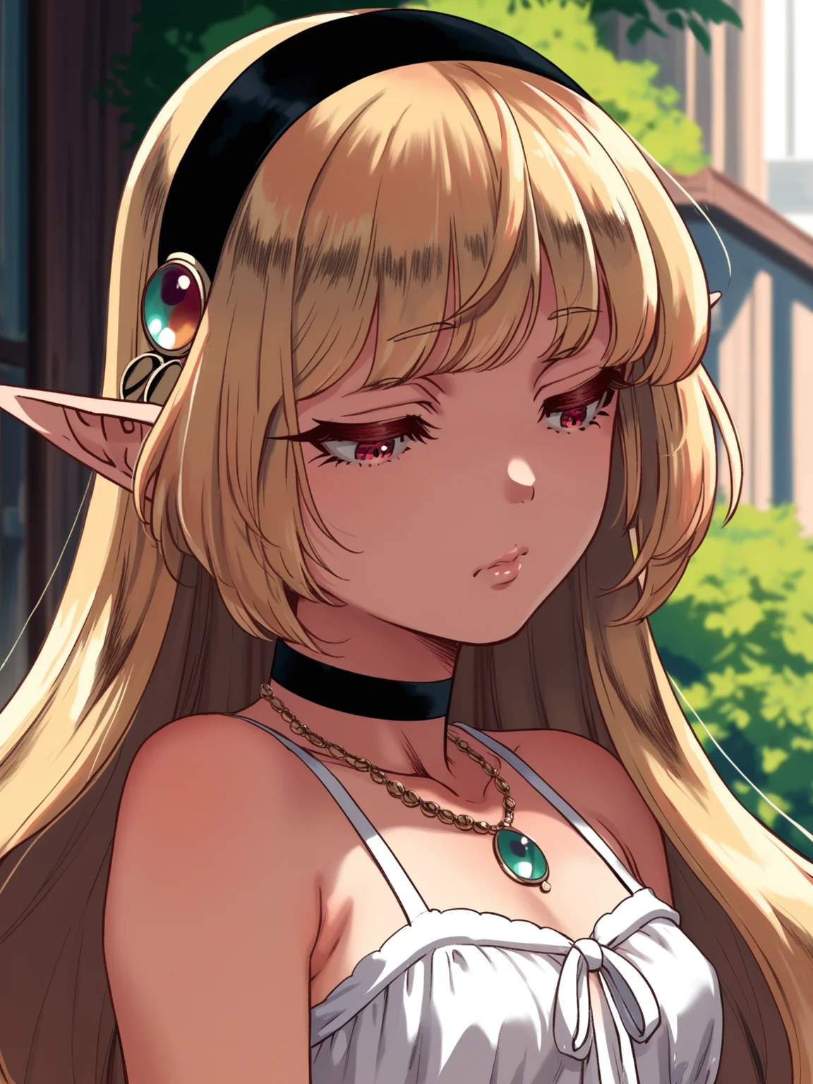 <lora:happy_tentacle-fritillaria-v0.2-000030:0.9>, ht_fritillaria, hairband, choker, jewelry, necklace, sundress, outdoors , 1girl, solo, upper body , , ( exhausted :1.2), , looking down , standing , facing viewer , score_9, score_8_up, score_7_up, score_6_up, score_5_up, score_4_up