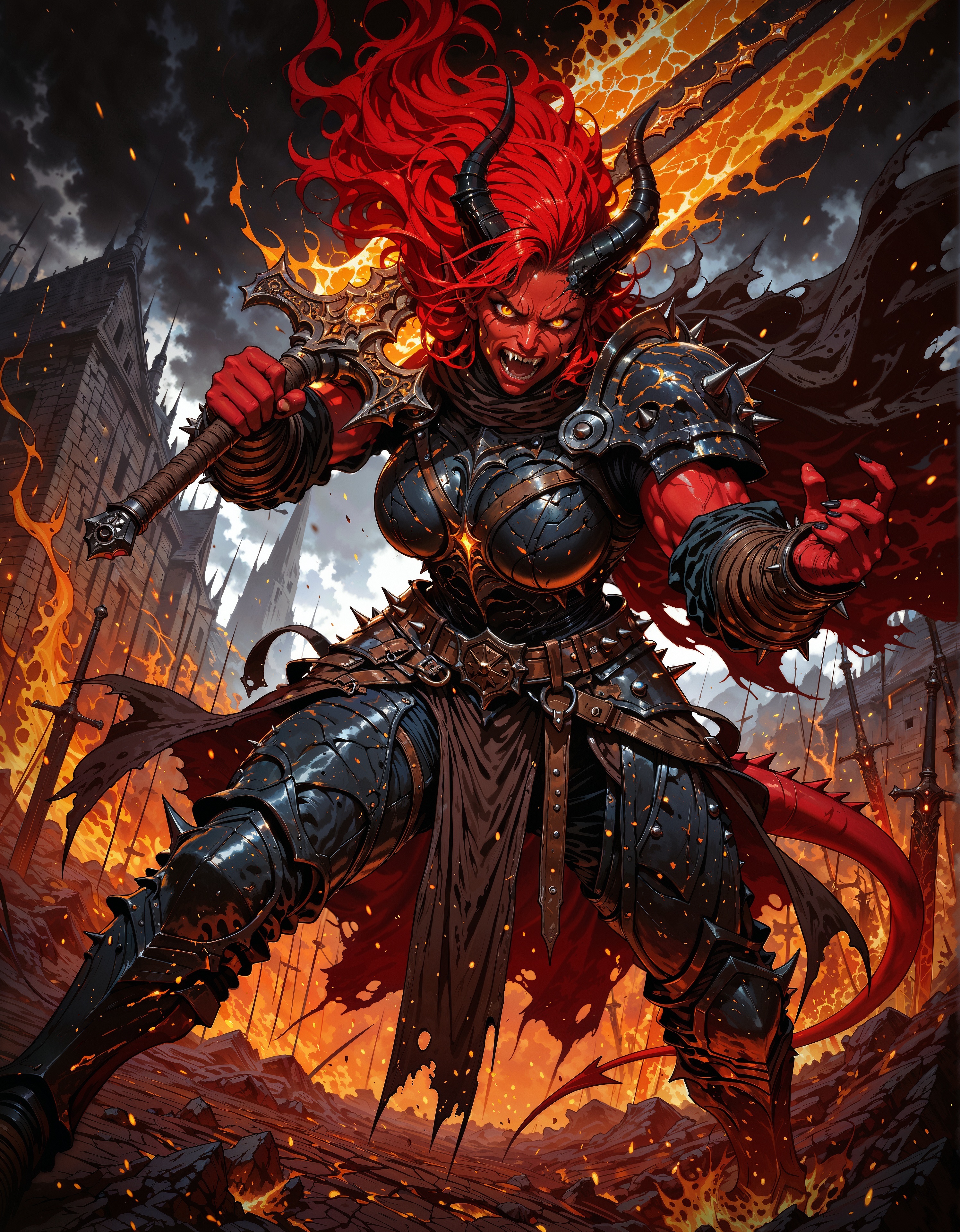 masterpiece, best quality,high quality, newest, highres,8K,HDR,absurdres, 1girl, tiefling, solo, large breasts, fire aura, fangs, powerful and muscular, deep red skin, sharp black horns, fiery golden eyes, long wild hair, battle-scarred, massive greatsword on shoulder, spiked leather armor, tattered cape, standing on a battlefield, embers in the air, cracked ground from impact, war cry, battle stance, intense expression, medieval fantasy, dramatic lighting, detailed background, depth of field, dynamic pose, detailed background, dynamic pose, dynamic composition,dutch angle, detailed backgroud,foreshortening,blurry edges,  <lora:iLLMythM4gicalL1nes:1> M4gicalL1nes