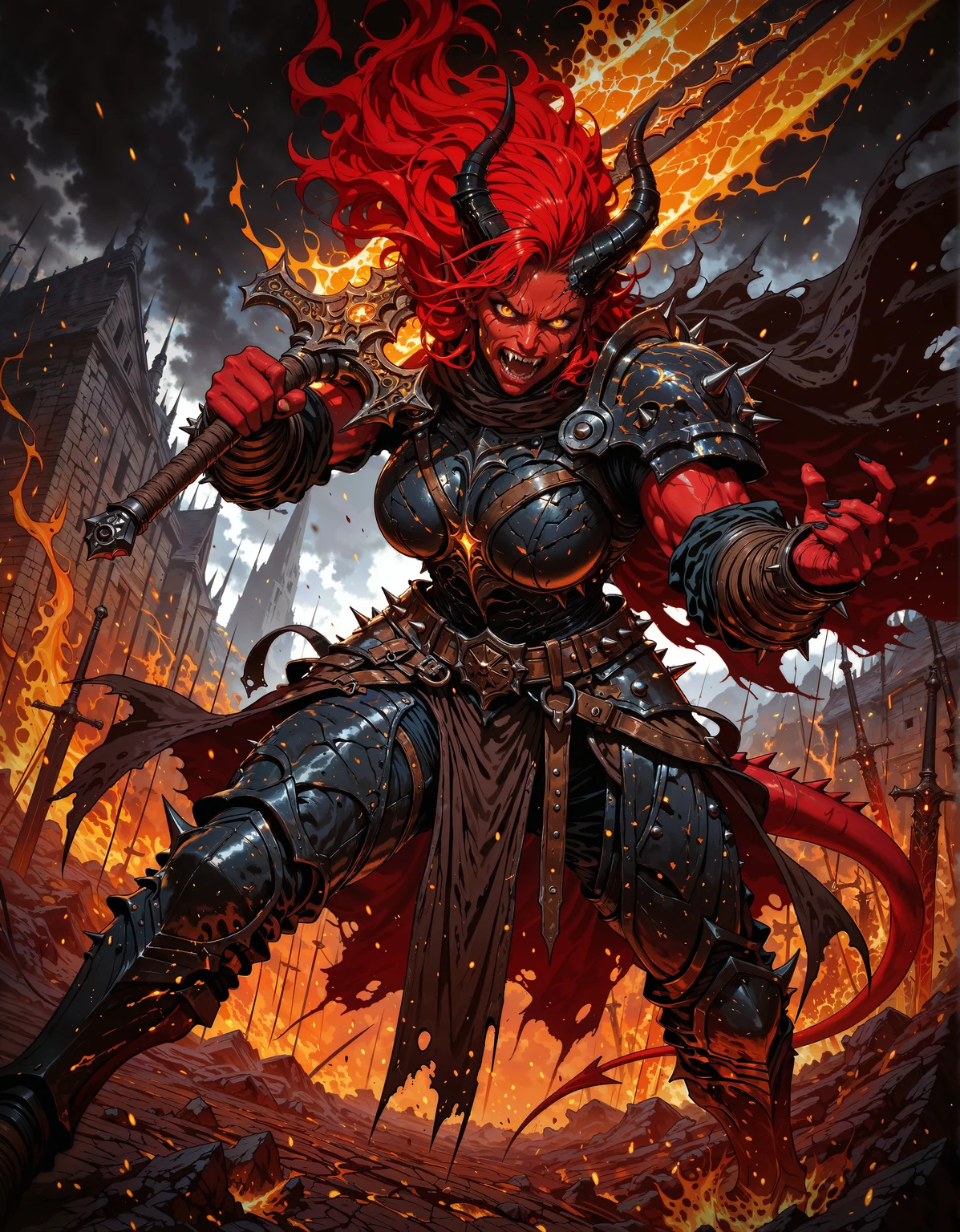masterpiece, best quality,high quality, newest, highres,8K,HDR,absurdres, 1girl, tiefling, solo, large breasts, fire aura, fangs, powerful and muscular, deep red skin, sharp black horns, fiery golden eyes, long wild hair, battle-scarred, massive greatsword on shoulder, spiked leather armor, tattered cape, standing on a battlefield, embers in the air, cracked ground from impact, war cry, battle stance, intense expression, medieval fantasy, dramatic lighting, detailed background, depth of field, dynamic pose, detailed background, dynamic pose, dynamic composition,dutch angle, detailed backgroud,foreshortening,blurry edges, <lora:iLLMythM4gicalL1nes:1> M4gicalL1nes
