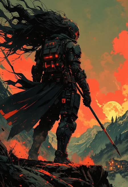 in the style of ck-mgs, nistyle, Inkplash art on rice paper, sepia, henna, Silhouette Art, magnificent, inksplash, closeup portrait, female spartan warrior, flowing black hair, reflective black and neon red armor, futuristic armor, holding a futuristic spear, abstract background suggesting a mountain top, overlooking a village in a valley, midnight atmosphere, moonlight, moon rays, night, Cowboy Shot, close up,