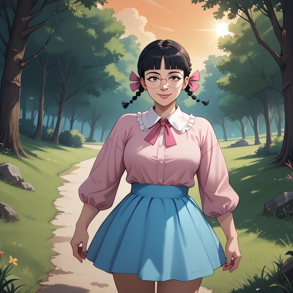 score_9, score_8, BREAK, MigiwaSan, 1girl, black hair, black eyes, blunt bangs, braided pigtails, pink ribbons, square crystal glasses, pink lipstick, white-collared pink long-sleeved shirt, light blue skirt, white socks, pink mary-jane shoes, adult female, mature female, breasts, sexy pose, self portrait, smile, outdoors, sunlight, shadows, evening lighting, natural lighting, forest, trees, grass, orange sky, sunset