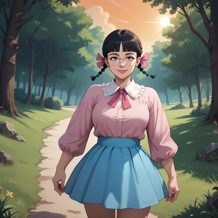 score_9, score_8, BREAK, MigiwaSan, 1girl, black hair, black eyes, blunt bangs, braided pigtails, pink ribbons, square crystal glasses, pink lipstick, white-collared pink long-sleeved shirt, light blue skirt, white socks, pink mary-jane shoes, adult female, mature female, breasts, sexy pose, self portrait, smile, outdoors, sunlight, shadows, evening lighting, natural lighting, forest, trees, grass, orange sky, sunset