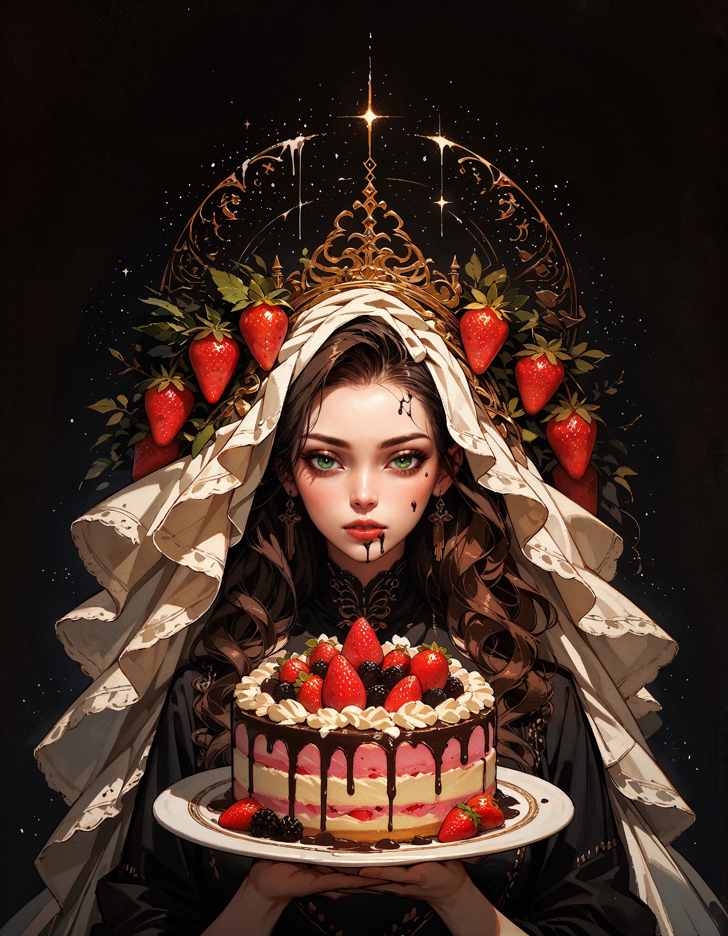 score_9, score_8_up, score_7_up, score_6_up, score_5_up, score_4_up,   cake, chocolate, strawberries, cream, golden plate, intricate ornament, (black background:1.2), no humans