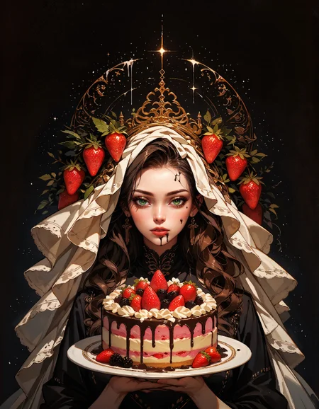score_9, score_8_up, score_7_up, score_6_up, score_5_up, score_4_up,   cake, chocolate, strawberries, cream, golden plate, intricate ornament, (black background:1.2), no humans