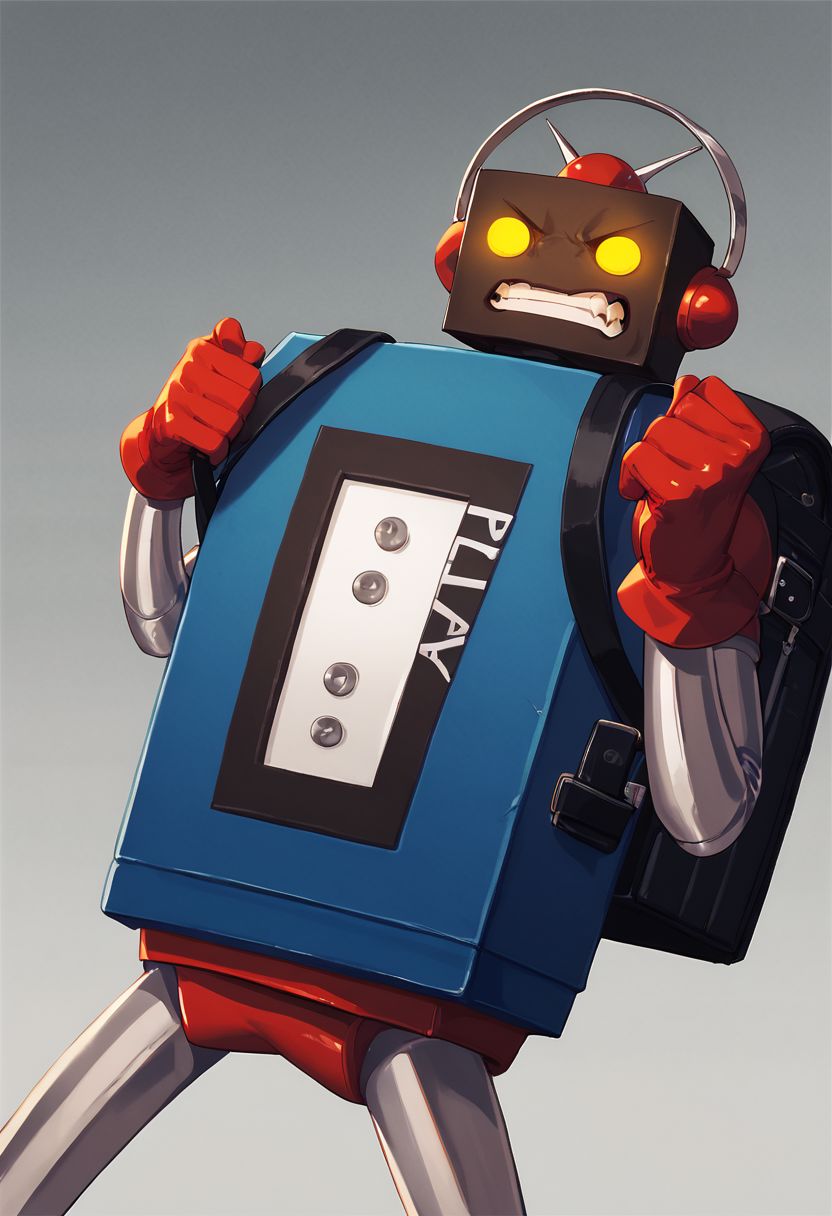 score_9, score_8_up, score_7_up, best quality, 5_fingers
gradient background
1boy, solo, no humans, mecha, robot, red gloves, backpack, yellow eyes, glowing eyes, teeth, angry, headphones, robot ears, cowboy shot