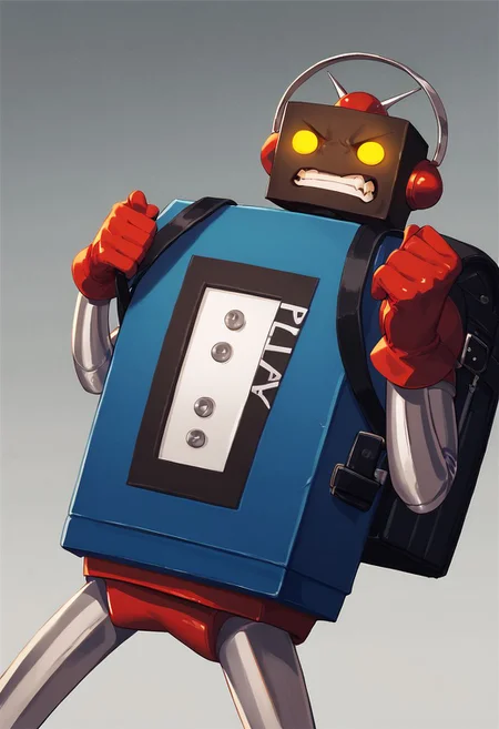 score_9, score_8_up, score_7_up, best quality, 5_fingers
gradient background
1boy, solo, no humans, mecha, robot, red gloves, backpack, yellow eyes, glowing eyes, teeth, angry, headphones, robot ears, cowboy shot