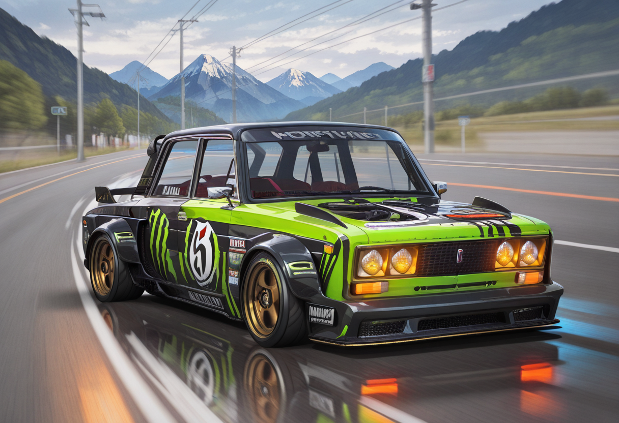 masterpiece, best quality, Graphic Design, color art, vibrant colors, colorful, intricate details, high contrast, detailed background, beautiful detailed, beautiful face, detailed eyes, detailed face, new, newest, no humans, vehicle focus, zh1g4, car, road, mountain, lime car, spoiler (automobile), street, neon, drifting, smoking tires, anime, motion lines, speed effect, turned wheels, driving,