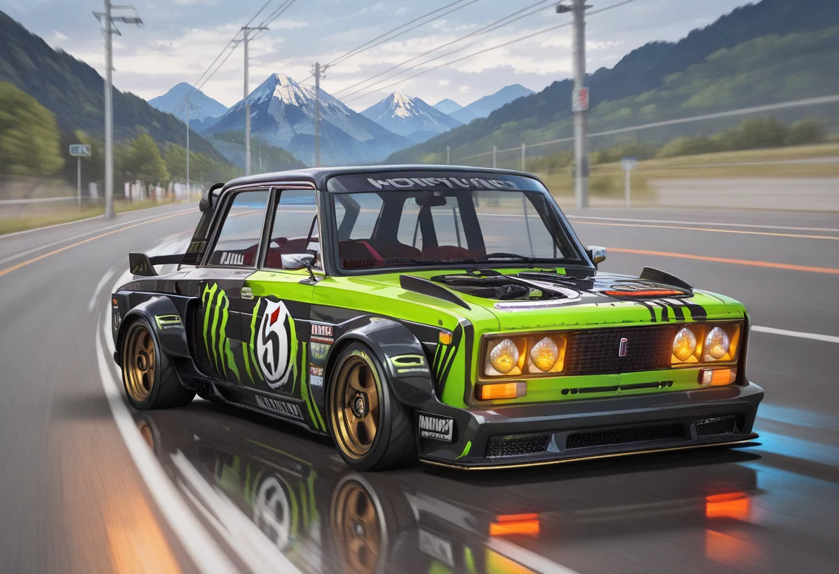 masterpiece, best quality, Graphic Design, color art, vibrant colors, colorful, intricate details, high contrast, detailed background, beautiful detailed, beautiful face, detailed eyes, detailed face, new, newest, no humans, vehicle focus, zh1g4, car, road, mountain, lime car, spoiler (automobile), street, neon, drifting, smoking tires, anime, motion lines, speed effect, turned wheels, driving,