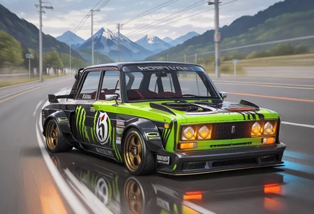 masterpiece, best quality, Graphic Design, color art, vibrant colors, colorful, intricate details, high contrast, detailed background, beautiful detailed, beautiful face, detailed eyes, detailed face, new, newest, no humans, vehicle focus, zh1g4, car, road, mountain, lime car, spoiler (automobile), street, neon, drifting, smoking tires, anime, motion lines, speed effect, turned wheels, driving,