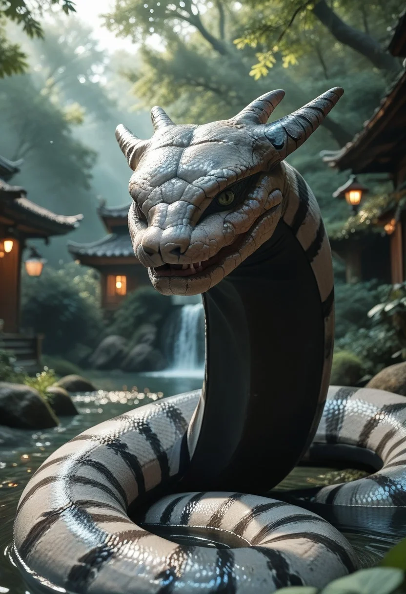 (((score_9, score_8_up, score_7_up)):2.0), source_photo, hyperrealistic, photo, photorealism, realistic lightings, Dynamic Lighting, s1_dram, Warm lighting, Japanese garden, cherry trees, detailed background, (((Naruto_Manda, snake))), slit pupils, green eyes, purple body, body markings, black eye markings, 2 pair of horns, black belly scales, highly detailed, cinematic lighting, realistic shadows, skin texture realistic, masterpiece, award winning photography