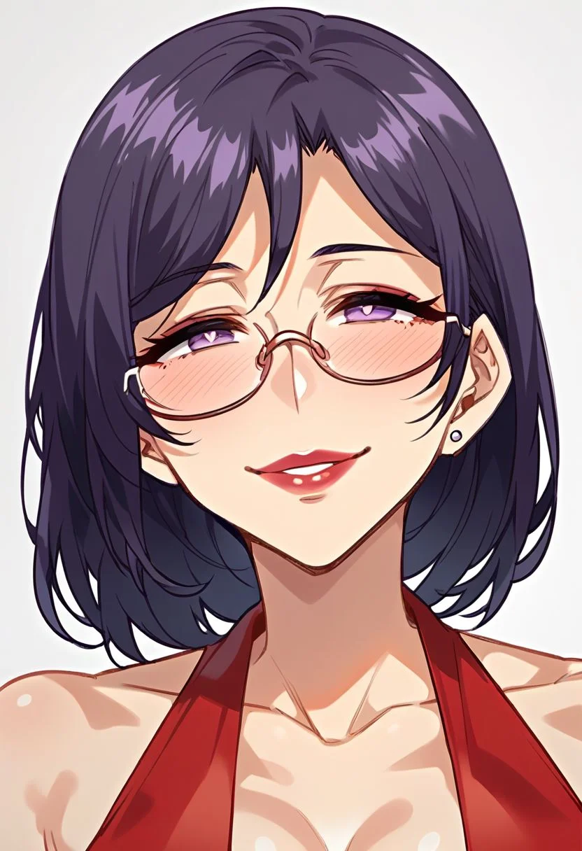 score_9, score_8_up, score_7_up, score_6_up, score_5_up, score_4_up, <lora:souma_mitsuko:1> , souma_mitsuko , 1women, solo, milf, ((clear eyes, piercing purple eyes, purple hair, short hair, bright pupils, glasses, )), makeup, lipstick, bare shoulders, cleavage, red dress, strapless, elbow purple gloves, high heels, side slit, smirk, blushing, partial nudity, full body, BREAK, masterpiece, show style, show accurate, flat colors, soft shading,