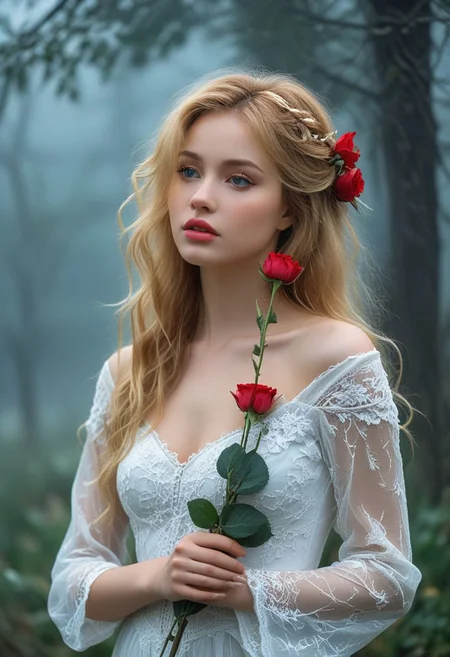 (masterpiece, best quality:1.2), bellissima, 1girl, A beautiful young woman with long, blonde hair stands in a surreal and misty atmosphere. She wears a white lace dress that appears to be blown by an invisible wind. Her face is sad and melancholic, with tears welling up in her eyes. In her hand, she holds a red rose, which seems to be the only splash of color in this otherwise monochromatic scene. The woman's features are delicate and refined, with high cheekbones and full lips. Her eyes are a deep shade of blue, almost indigo, and seem to hold a world of sorrow within them. Her skin is pale and translucent, as if she has been crying for days. The atmosphere around her is misty and dreamlike, with tendrils of fog curling