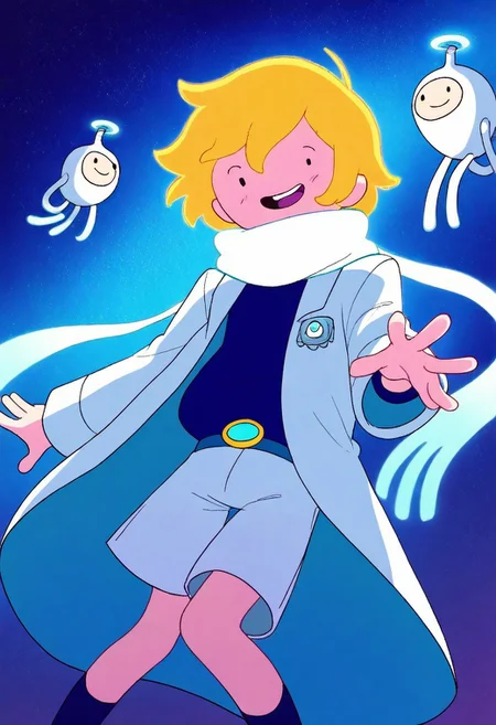 adventure time
, score_9, score_8_up, score_7_up, 1boy, highly detailed, aesthetically stunning, blonde-haired, blue-eyed, young man, short hair, bangs, smiling, open mouth, white coat, long sleeves, white baggy shorts, glowing scarf, floating, space setting, starry sky, star symbols, intricate, luminous, amazing aesthetic, intricate details,