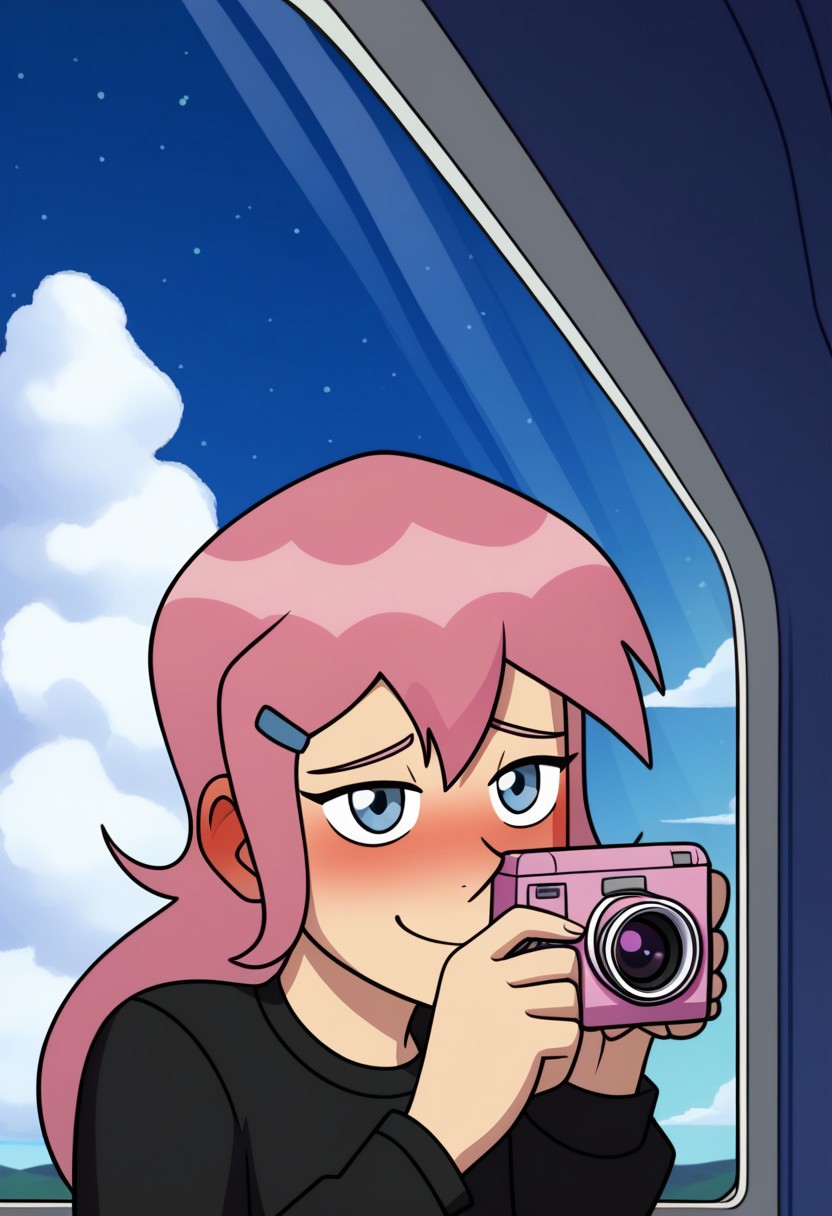In the style of Kadath, 1girl, blue eyes, pink hair, pink camera in hand, blush, space train scenery, expressive eyes,