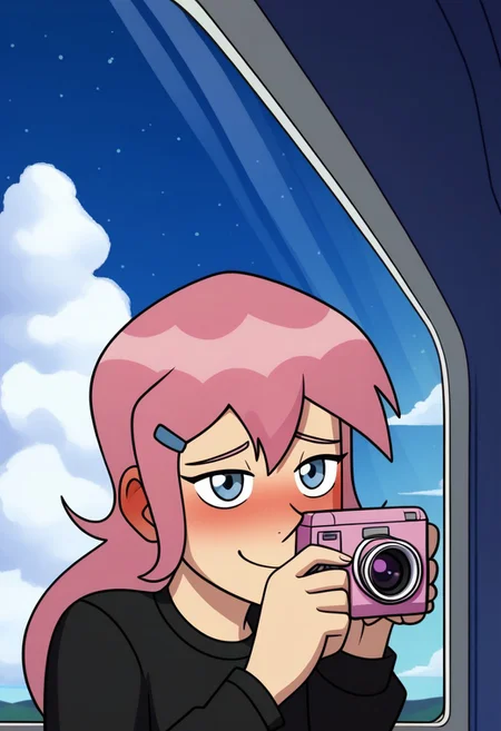 In the style of Kadath, 1girl, blue eyes, pink hair, pink camera in hand, blush, space train scenery, expressive eyes,