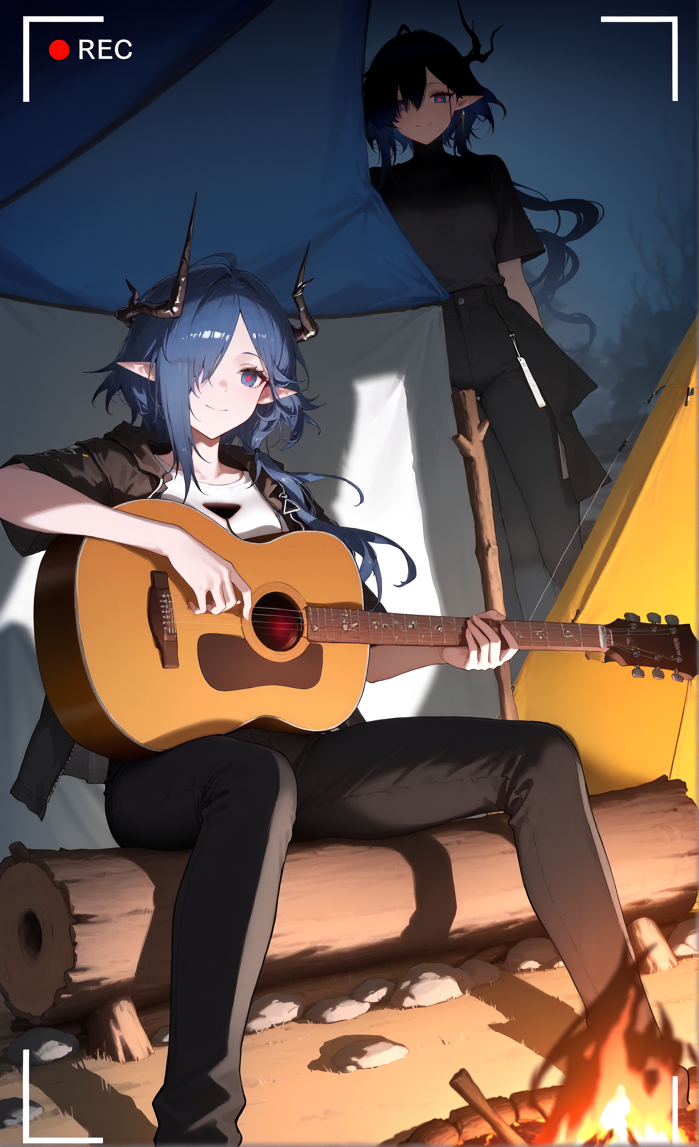 masterpiece, sharp detail, intricate detail, hair shader, detailed hair, 1girl,  <lora:Ermengarde:0.7>, ermengarde \(arknights\), hole in chest, blue hair, blue eyes, red pupils, horns, hair over one eye, acoustic guitar, sitting, on log, campfire, tent, holding acoustic guitar, smile, sideview, dynamic angle, black pants, open jacket, t-shirt, playing instrument, recording, volumetric lighting, dramatic shadows, cinematic lighting, detailed background,