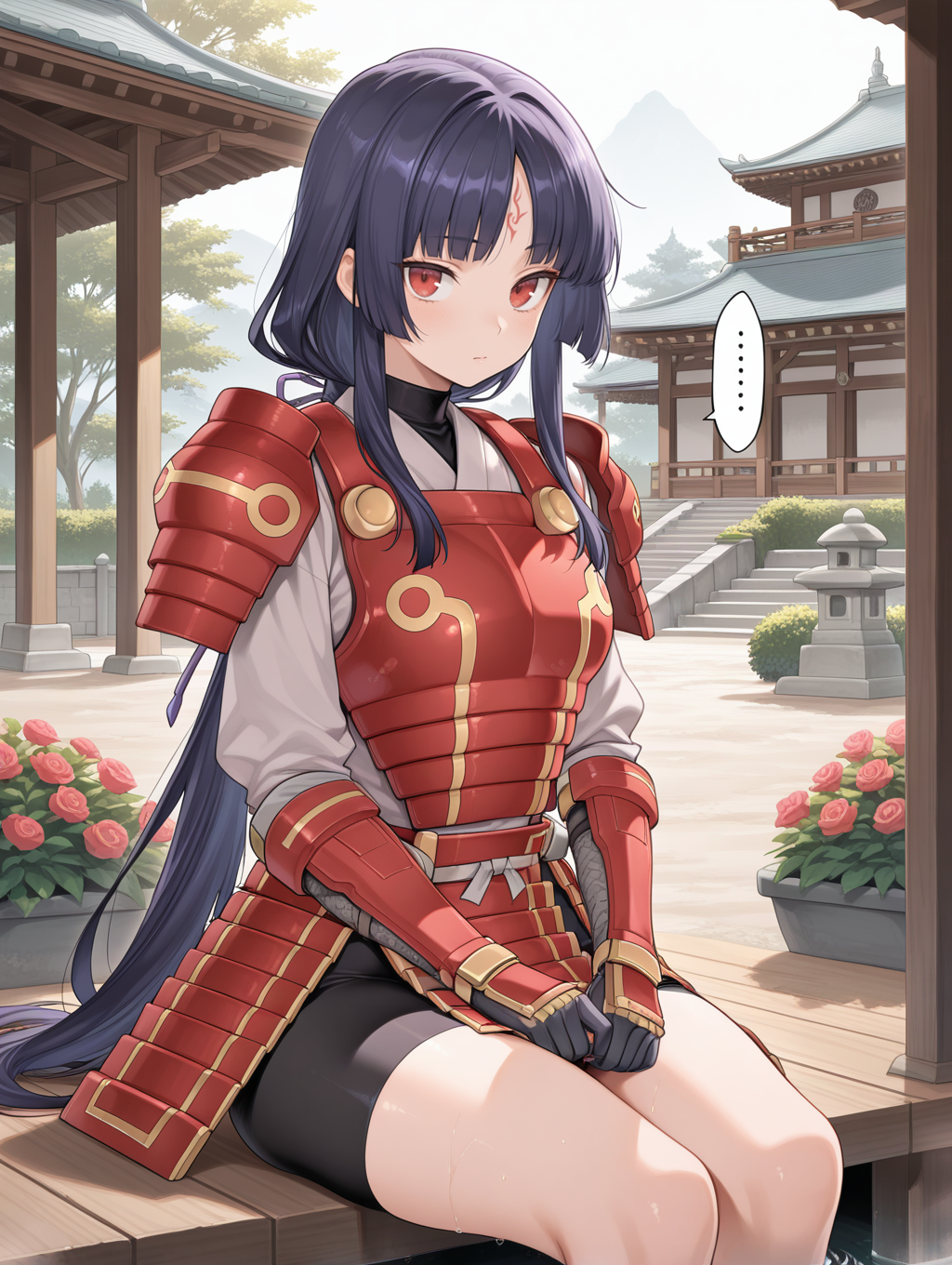 legendary six samurai - mizuho, solo,  red eyes, sitting, looking at viewer, ..., 1girl, red armored skirt, red shoulder armor, red armored gloves, red breastplate, white shirt,  red forehead mark, low ponytail, purple hair ribbon, black shorts,east asian architecture,castle,garden,
masterpiece,best quality,amazing quality,very aesthetic,absurdres,newest,<lora:Legendary Six Samurai - Mizuho illuXL v1:0.75>,
