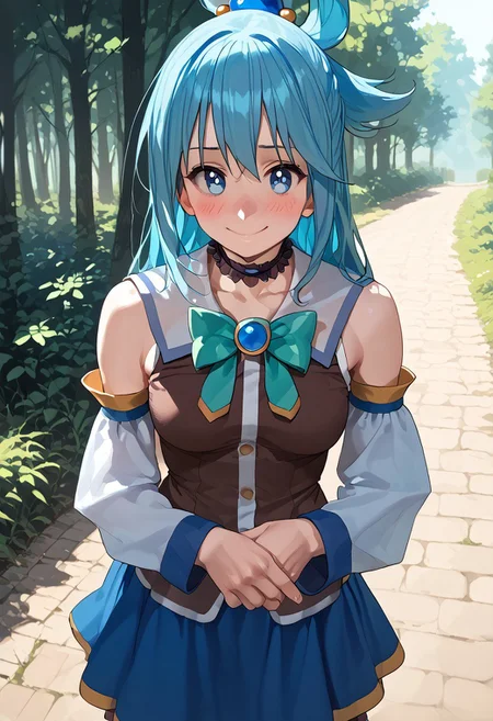 abbystea style, score_9, score_8_up, score_7_up, score_6_up, source_anime, absurdres, masterpiece, best quality, 1girl, aqua \(konosuba\), aqua hair, bare shoulders, blue hair, blush, bow, bowtie, breasts, choker, detached sleeves, hair ornament, hair rings, long hair, looking at viewer, large breasts, outdoors, skirt, smile, V, solo, (perspective:1.1), from_above, nature, on a hill,
