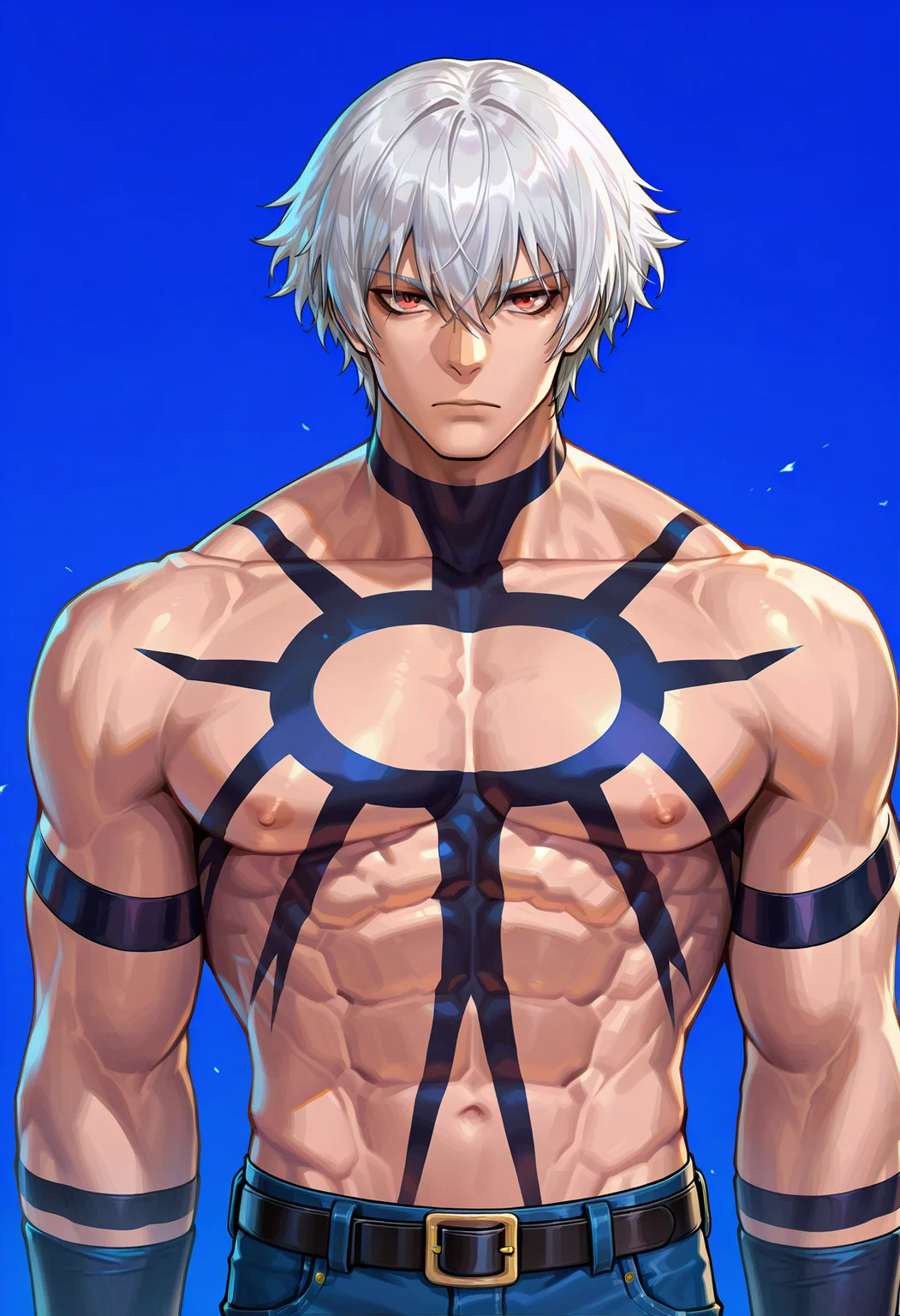 masterpiece, best quality, newest, absurdres, highres, very detailed,
muscular male, koforochi, orochi tattoo, topless male,
looking at viewer, expressionless,
jeans,
upper body, male nipples,
collarbone, abs, manly,
red eyes,
simple background,
<lora:[Char - IL] KOF - Orochi (v1-R1-E27):1.0>