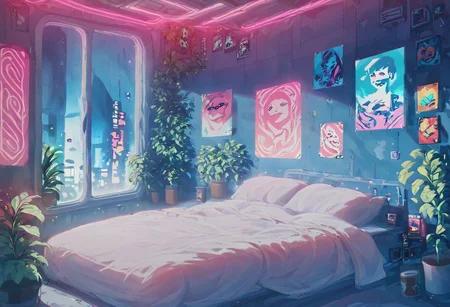 score_9,score_8_up,score_7_up,score_6_up, 
steaming coffee cup on windowsill, plants on the windowsill, wall of plants, monstera plant, large plant, tidy bedrrom, small room, cramped bedroom, teddies on the bed, cyberpunk city view out of the window, neon light, purple neon lights, posters, posters on the wall, anime posters, lewd posters, neon posters