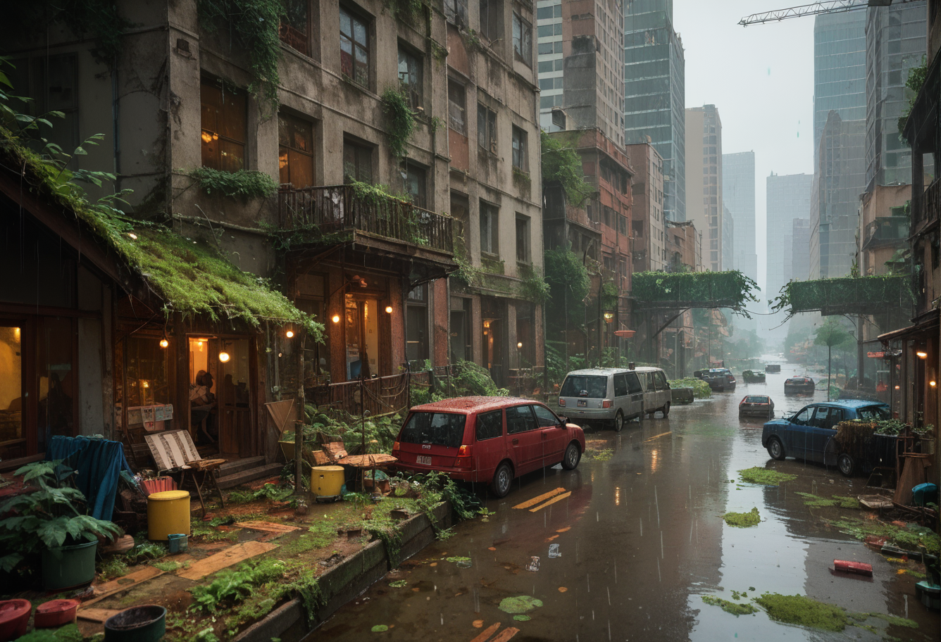 score_9,score_8_up,score_7_up,8k,,ruanyi0723,post-apocalypse,overgrown,moss,,ruanyi0714,water drop,rain,<lora:0723 post-apocalypse_v1_pony:1>,<lora:0714 rainy day_v1_pony:0.6>