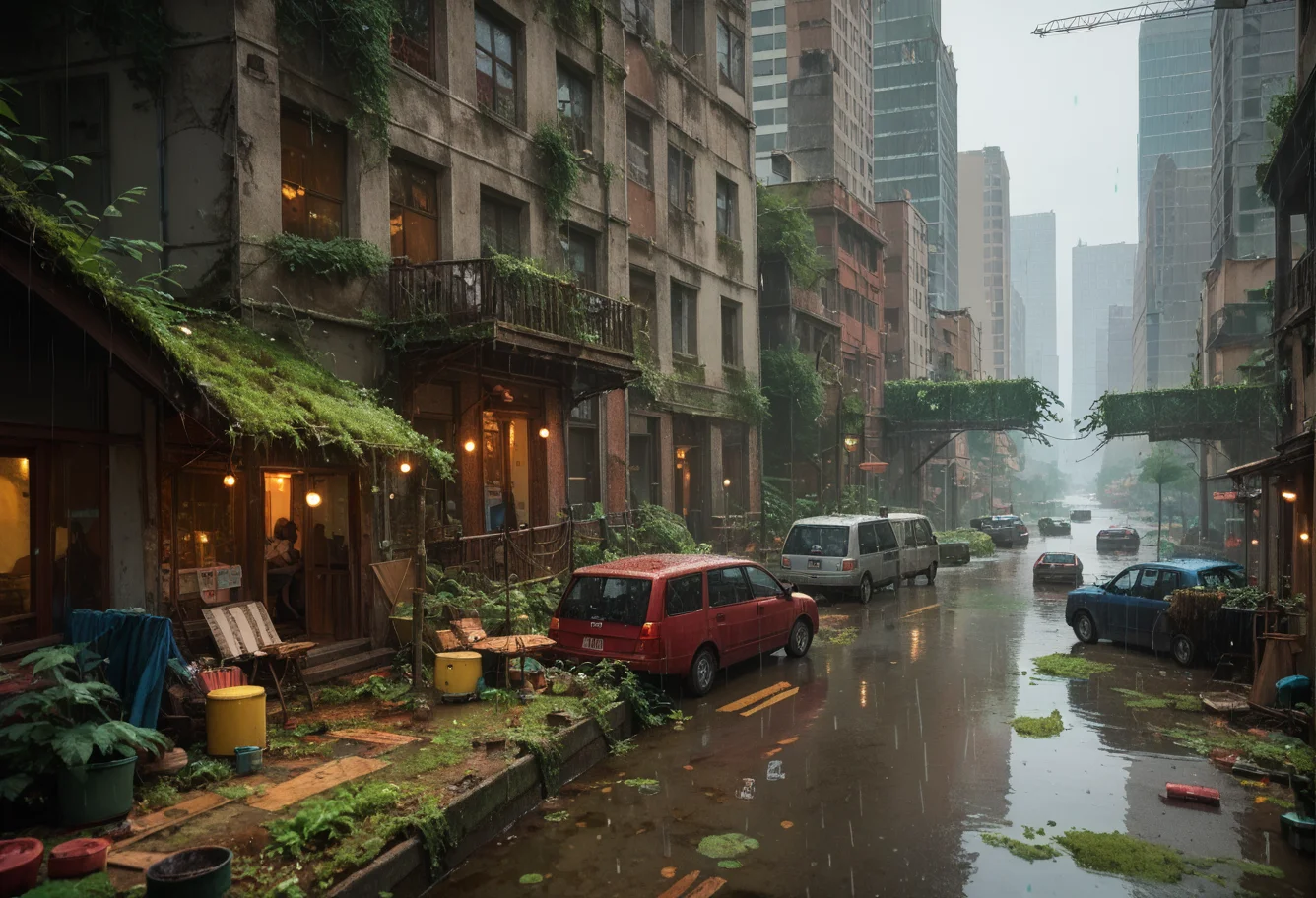 score_9,score_8_up,score_7_up,8k,,ruanyi0723,post-apocalypse,overgrown,moss,,ruanyi0714,water drop,rain,<lora:0723 post-apocalypse_v1_pony:1>,<lora:0714 rainy day_v1_pony:0.6>