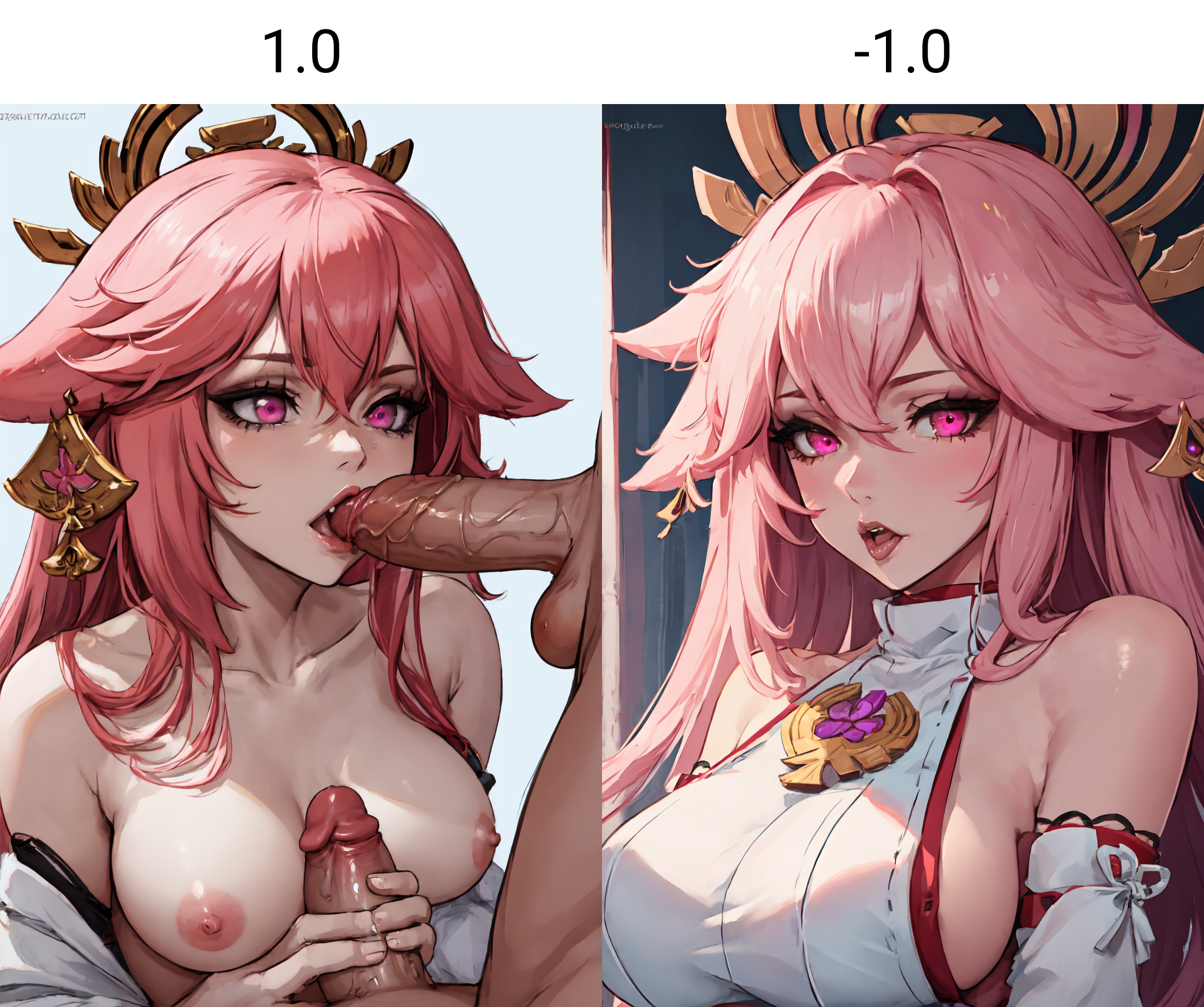 High Quality, Masterpiece, <lora:NSFWFilter:1.0>, yae miko, pink eyes, long hair, pink hair, <lora:Char_GenshinImpact_YaeMiko:0.75>, upper body, nude, completely nude, fellatio, blowjob, penis,