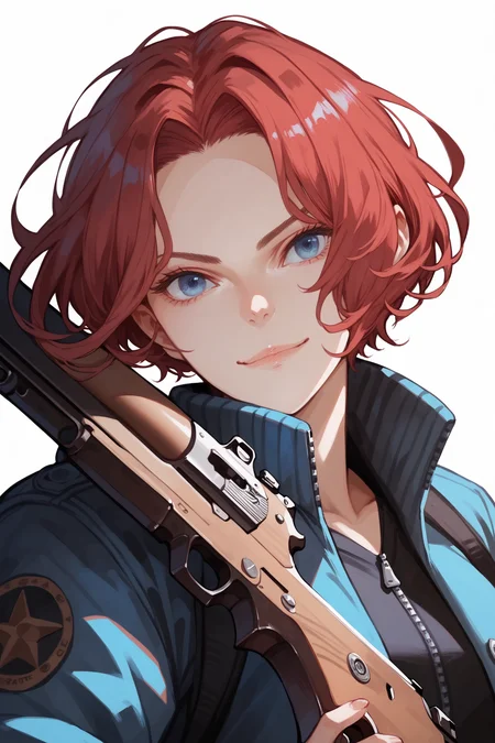 score_9, score_8_up, score_7_up, score_6_up, solo, smile, looking at viewer, 1girl, white background, red hair, forehead, short hair, gun, holding weapon, simple background, blue eyes, jacket, closed mouth, portrait
, <lora:Kaoming_PonyXL_dim32:1>