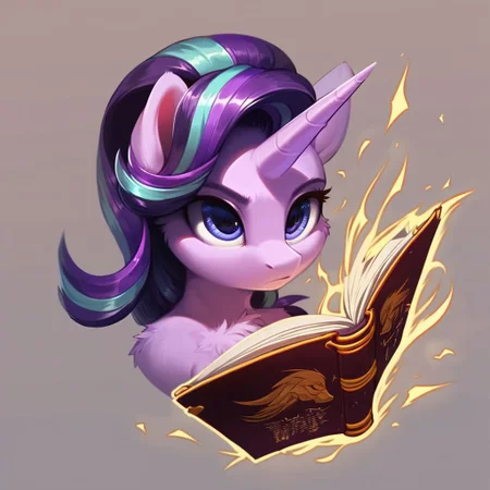 score_9, score_8_up, wide hips, detailed eyes, Starlight Glimmer reading a glowing magicbook that sparks magic, amazed face, chest fluff, bust shot, anthro pony, dynamic angle, bright contrast
