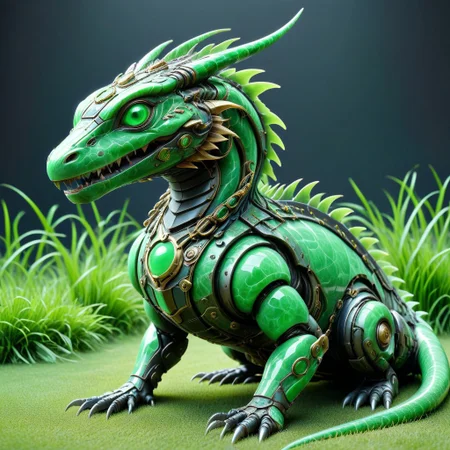 score_9, score_8_up, score_7_up, score_6_up,evi@decrepPunk, 1beast, jade lizzard, jade scales, android parts, made out of jade,  ornately decorated  in the green grass, no humans, dynamic lighting, dramatic and magical,