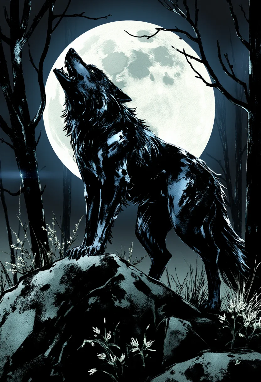 <lora:Yoji_Shinkawa_Style_FLUX-000012:0.9>
This is a digital illustration in a manga-inspired, dark, and gritty yshinkawa style. The artwork features   a wolf howling at the moon