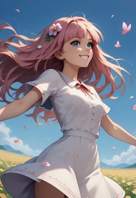score_9, score_8_up, score_7_up, score_6_up, score_5_up, 1girl, solo, Sana Kashimura, Dutch angle, close to viewer, big smile, arms outstretched, running through a field of lavender, petals everywhere, butterflies everywhere, cinematic, blue sky, summer dress, flowers in hair, masterpiece, in motion, motion blur, film grain, (looking off frame:1.6), view from below and side,