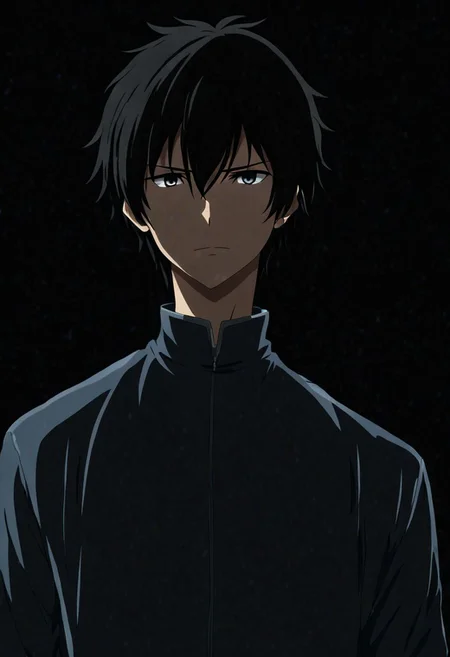 high resolution, solo, best quality, 1Boy, Kanie Seiya, Black Hair, cool, Mysterious black background, Movie lighting, a sense of atmosphere, OverallDetail