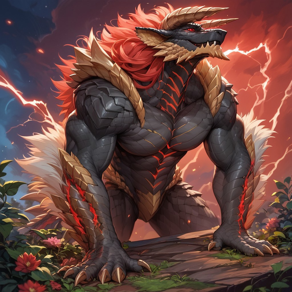 score_9, score_8_up, score_7_up, score_6_up, semi-realistic artwork, high quality, vibrant colors, best quality rendering, intricate details, high resolution, sharp focus, best render quality,gr33n, plant, flower,
1boy,St Zinogre,black scales, grey scales, red eyes, red lightning,muscular, glowing Neck, Shoulders,claw,fangs,hornsArms, Eye Markings,voluptuous body,red glow body,bara,muscular