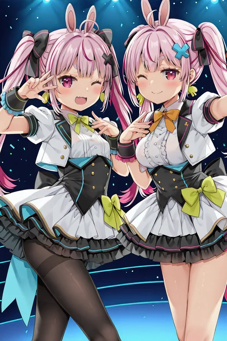 detailed background, shiny skin, posing,
<lora:natsueri.il:1>,
natsueri, 
2girls, 
tomari, small breasts, twintails, 
eri, large breasts, long hair, 
idol costume, jacket, shirt, skirt, pantyhose, idol pose, one eye closed,