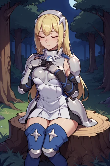 score_9, score_8_up, score_7_up, score_6_up, source_anime, BREAK 1girl, solo <lora:aiswallenstein-pdxl-nvwls-v1:1> ais wallenstein, hairband, armored dress, gauntlets, black gloves, thigh boots, closed eyes, hand to own chest, forest, night, sitting, tree stump