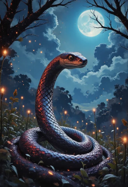 A serene and surreal scene featuring a cute metallic snake in a prismatic forest with strange and unknown plants and animals, mystical, stunning, highly detailed, award winning, cinematic still, dreamlike, otherworldly, swirling energy surrounds the snake, vivid colors, dramatic lighting, by night, digital art, highly detailed, dreamy, dream