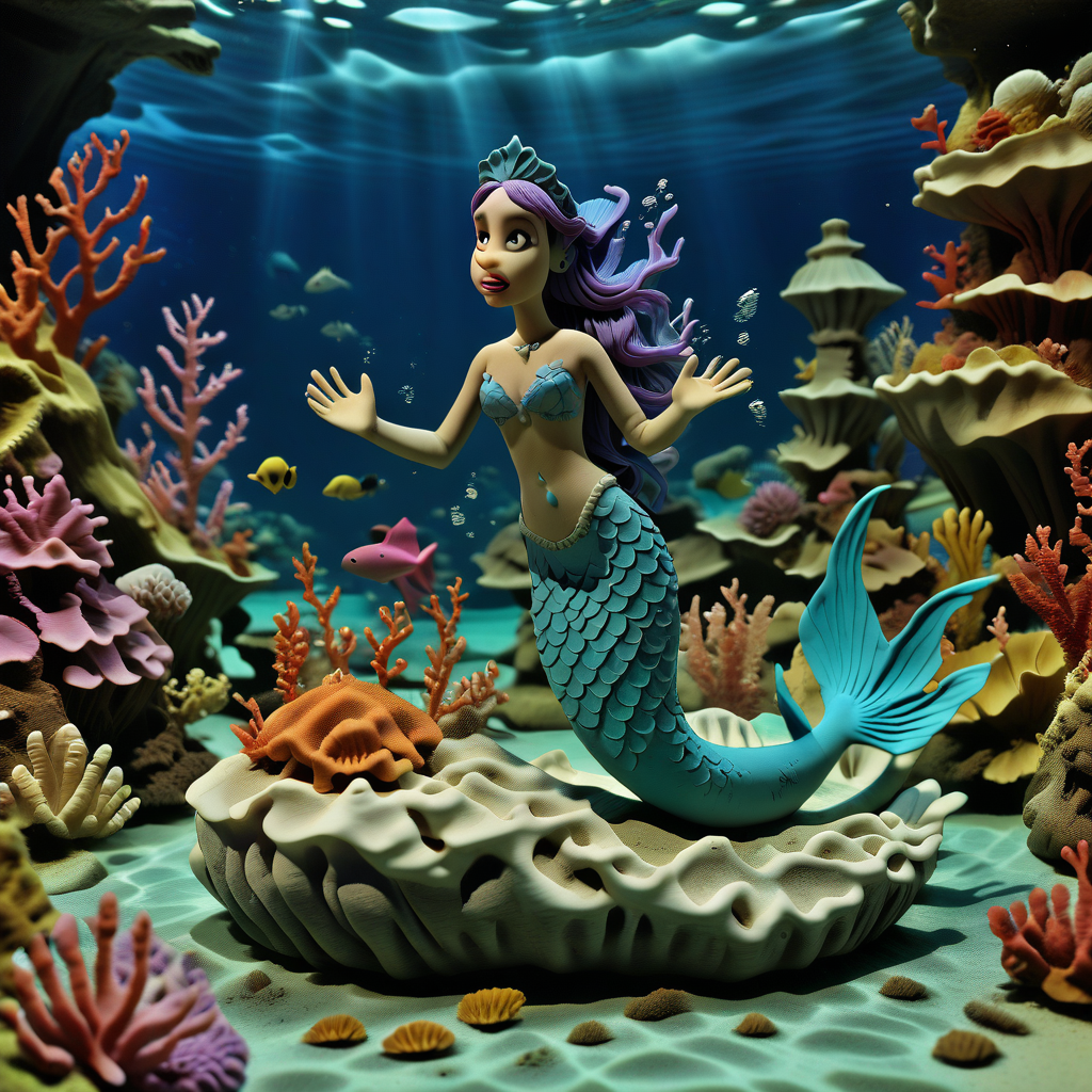 <lora:claymation-style_a31_xl_1:1>,claymation-style,clay,woman,mermaid,underwater,