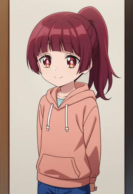score_9, score_8_up, score_7_up, source_anime,anime screencap, anime coloring,intricate details,rating_safe, masterpiece, best quality,
(best quality, absurd res, ultra detailed),1girl, ((solo)), good eyes,perfect eyes,,detailed eyes, zPDXLxxx , zPDXL3,detailed, detailed face, <lora:add-detail-xl:3>,(4 finger)
BREAK
<lora:Yaeka:0.8>, yaeka,1girl, red eyes, red hair, bangs, ponytail, 
hoodie, blue shorts, ,
BREAK
solo, indoors,standing, front view, hands behind back,
smile