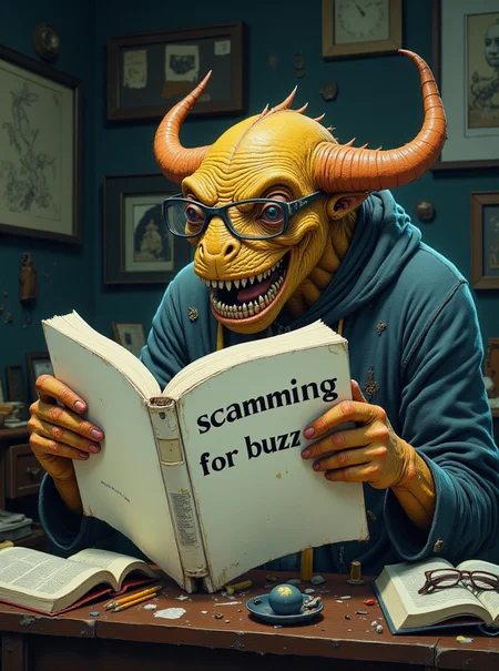 a creepy monster wearing glasses reads a large white book in a shabby house. The cover of the book has text:"scamming for buzz"